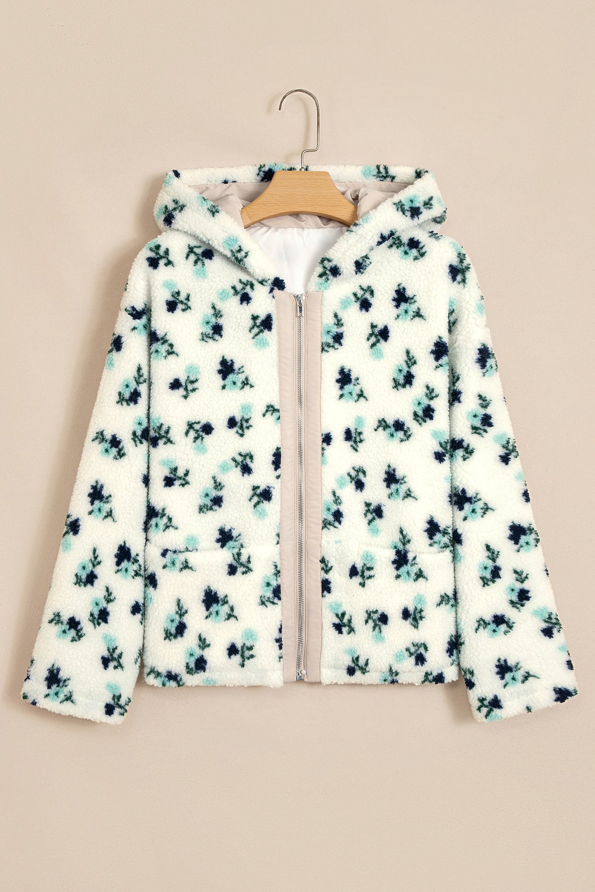 White Floral Faux Fur Hooded Zip Jacket