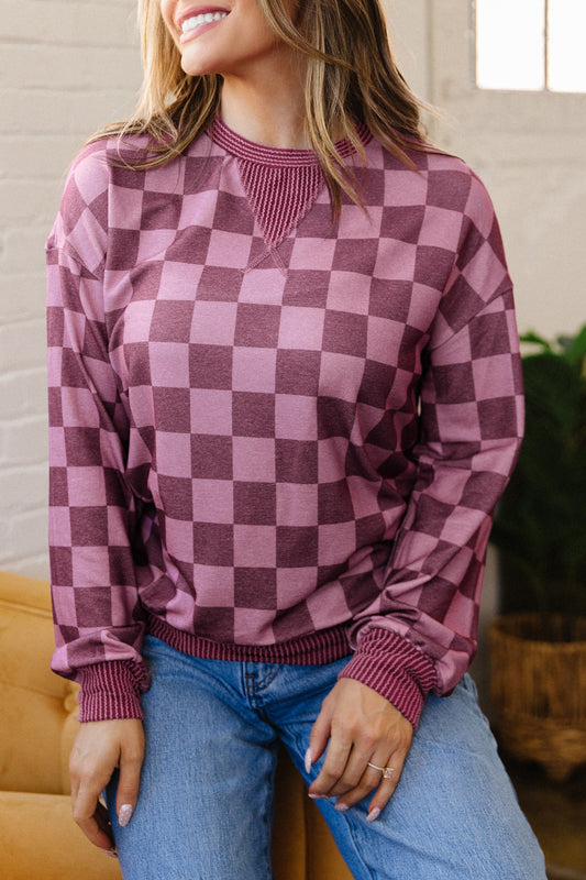 Red Ribbed Trim Checkered Print Pullover Top