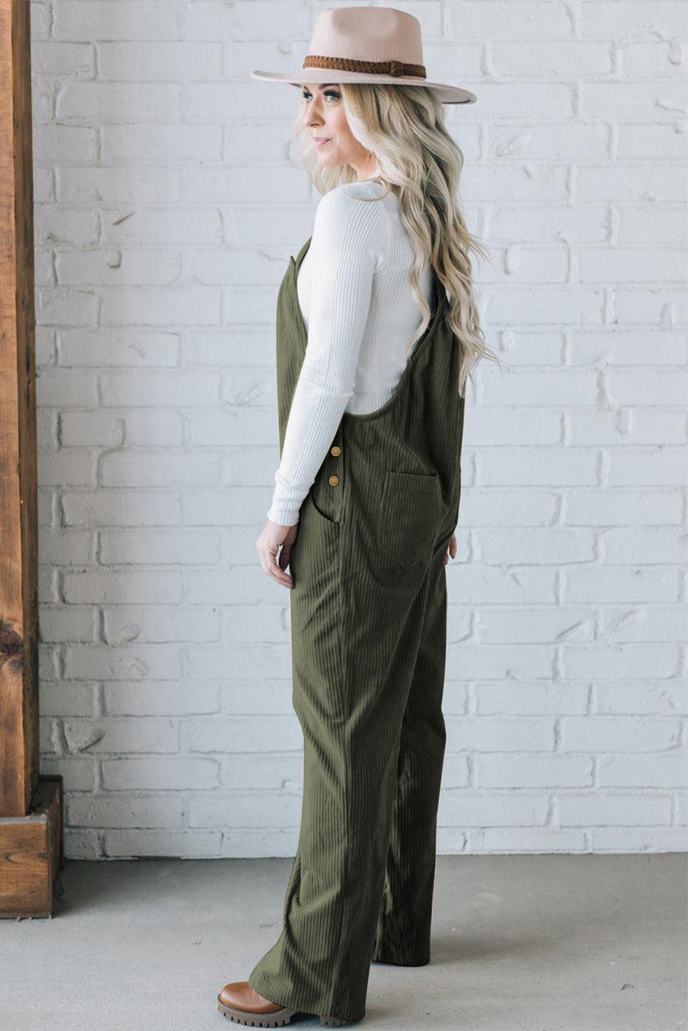Real Teal Button Adjustable Straps Solid Corduroy Jumpsuit