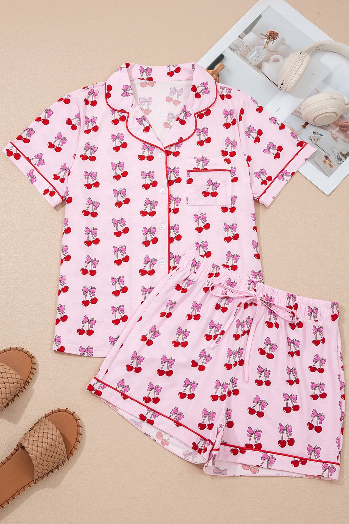 Pink Cherry and Bow Print Short Pajama Set