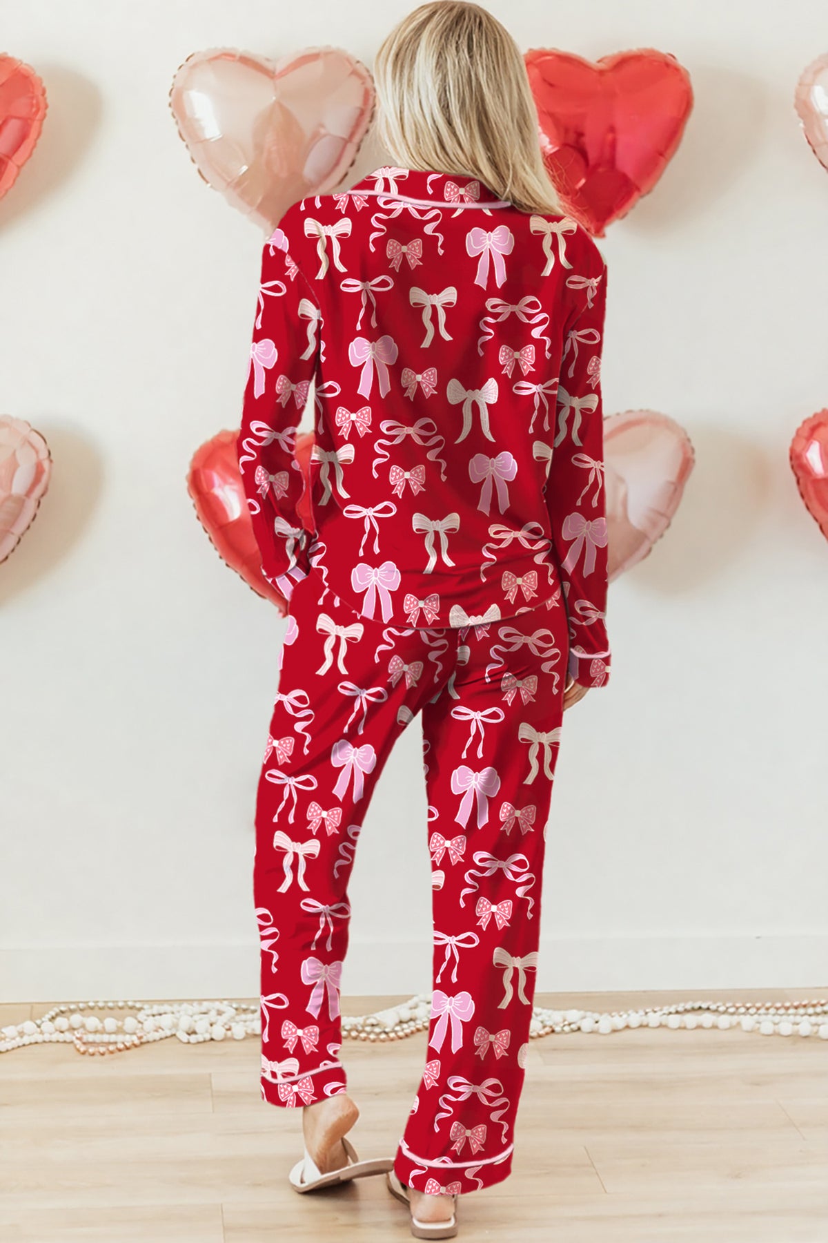 Red Sweet Bow Print Shirt Style Top Long Pajama Set