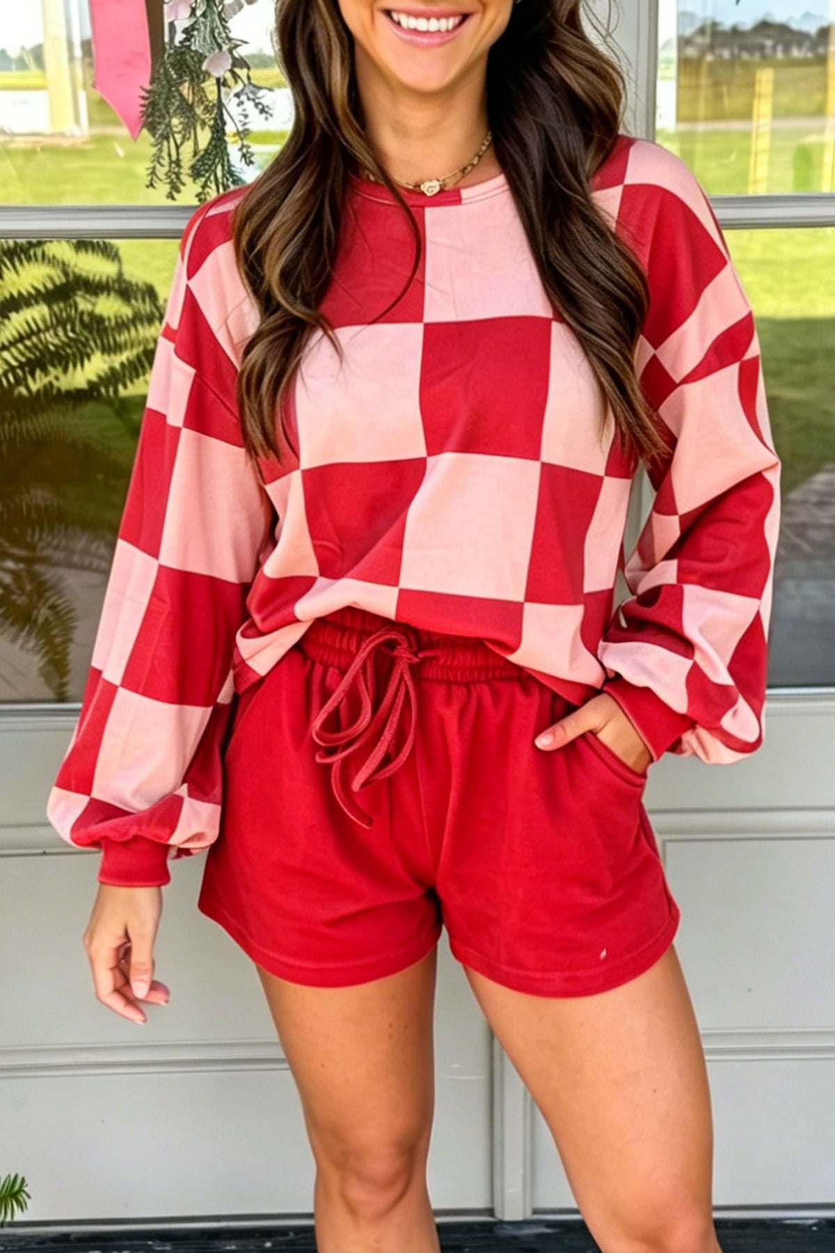 Women's Black Checkerboard Plaid Long-Sleeve Shorts Two-Piece Set