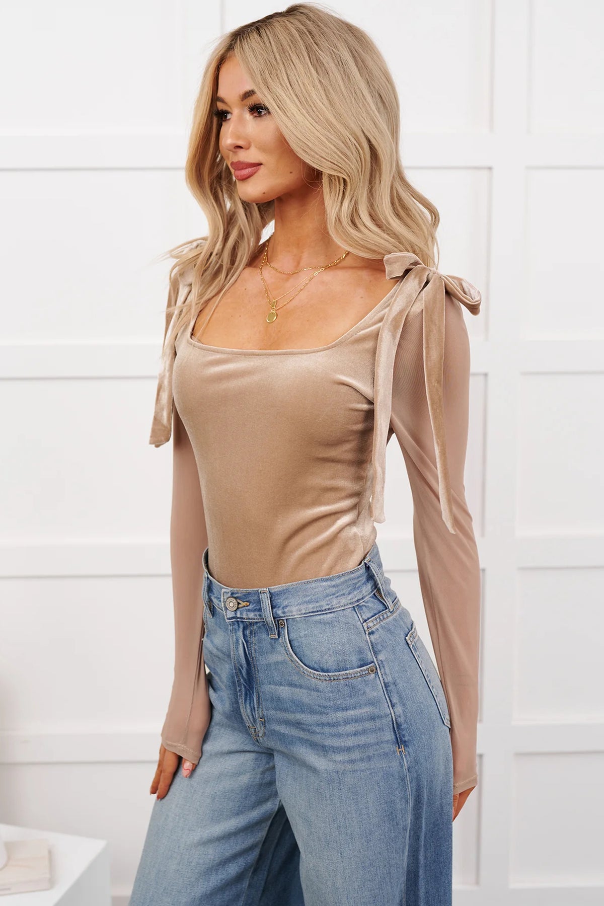 Light French Beige Solid Color Velvet Knot Bodysuit