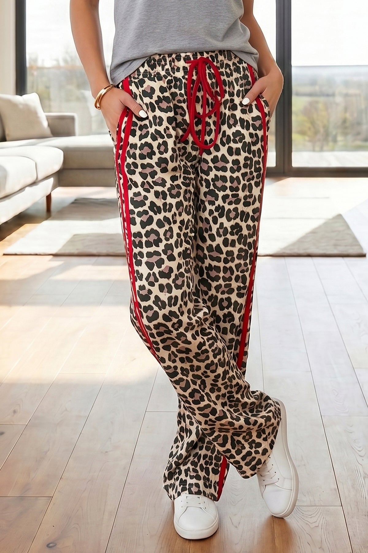 Rose Contrast Tie Waist Leopard Print Casual Pants