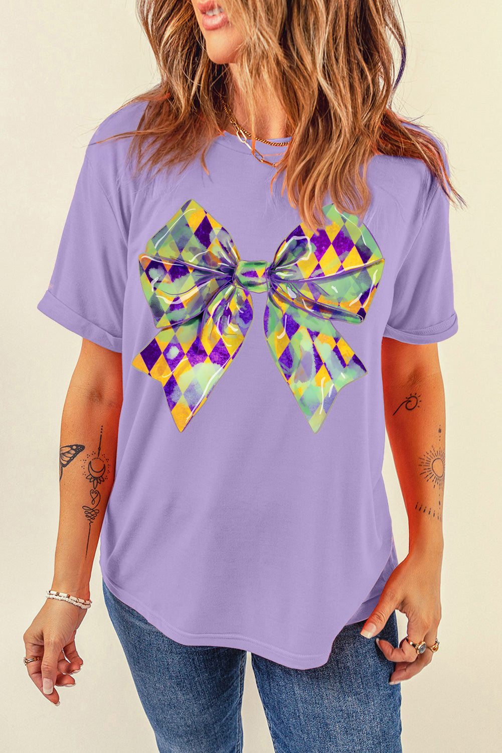 Wisteria Mardi Gras Bowknot Pattern Crew Neck T-Shirt