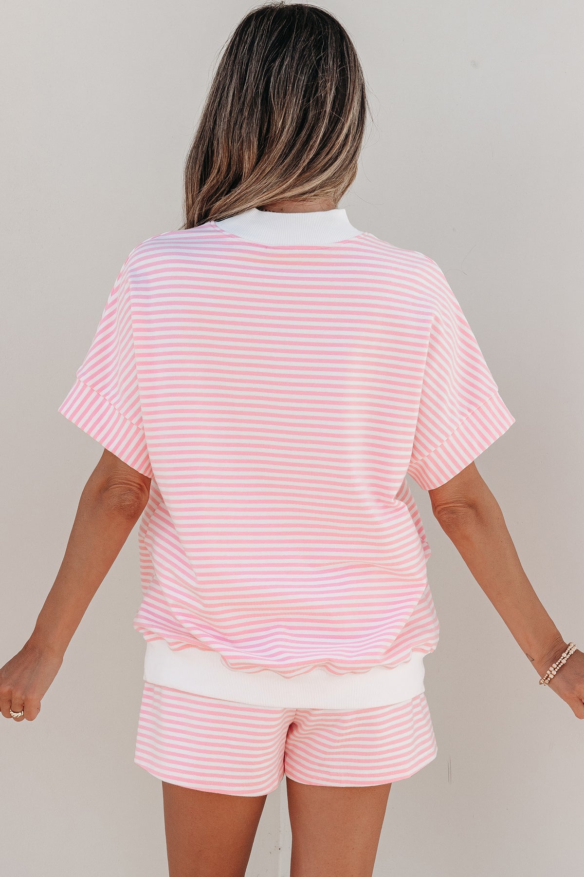 Women's Sky Blue Stripe Cuffed Sleeve Contrast Mock Neck Tee Two-Piece Shorts Two-Piece Set