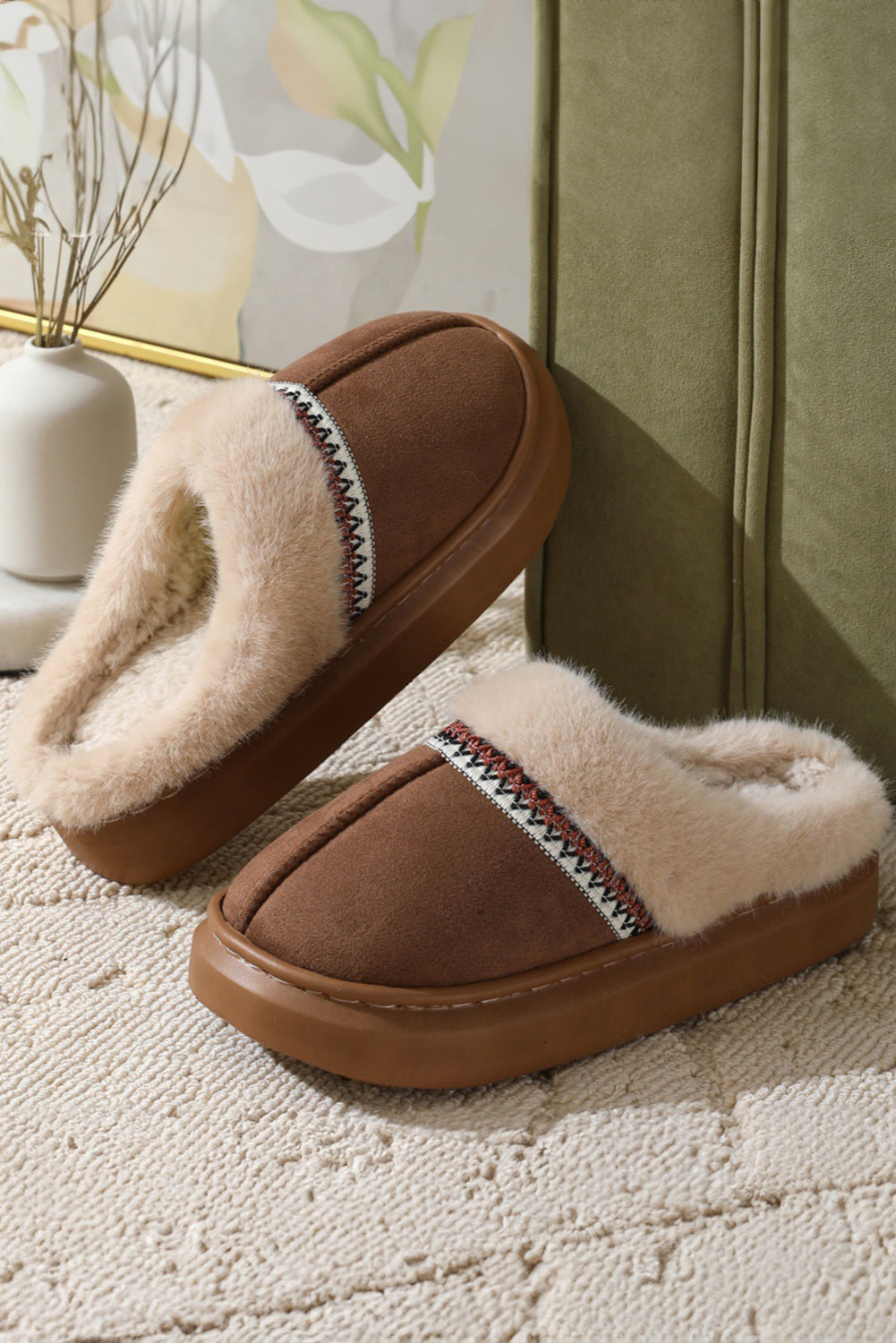 Coffee Western Woven Faux Suede Furry Home Slippers