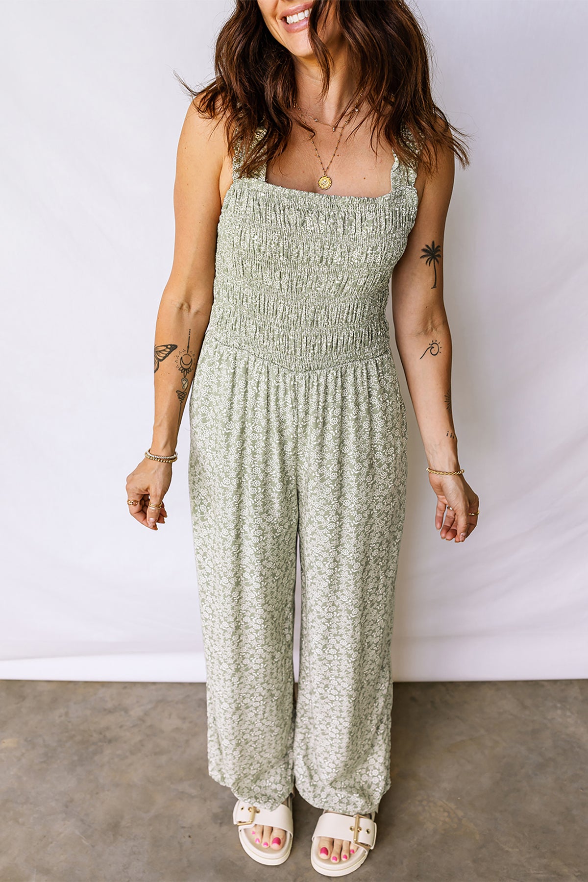 Green Smocked Bodice Square Neck Sleeveless Floral Jumpsuit