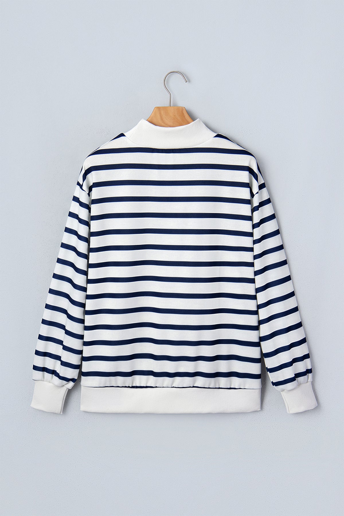 Blue Stripe Striped Stand Neck Ribbed Cuff Hem Sweatshirt