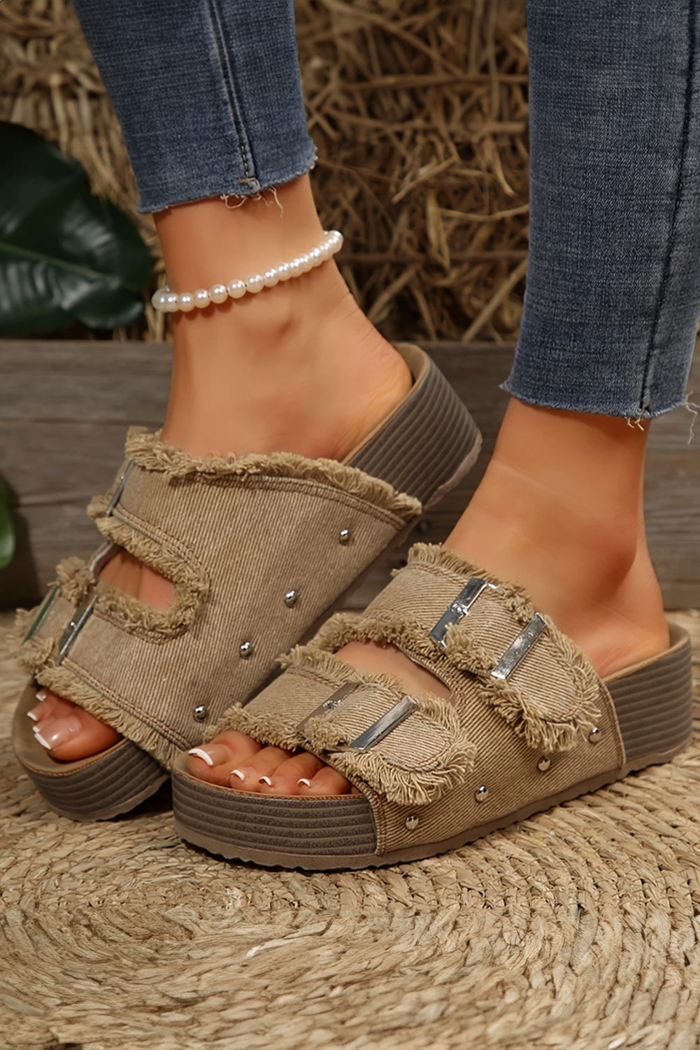 Black Double Buckle Straps Hollow Out Frayed Detial Retro Sandals