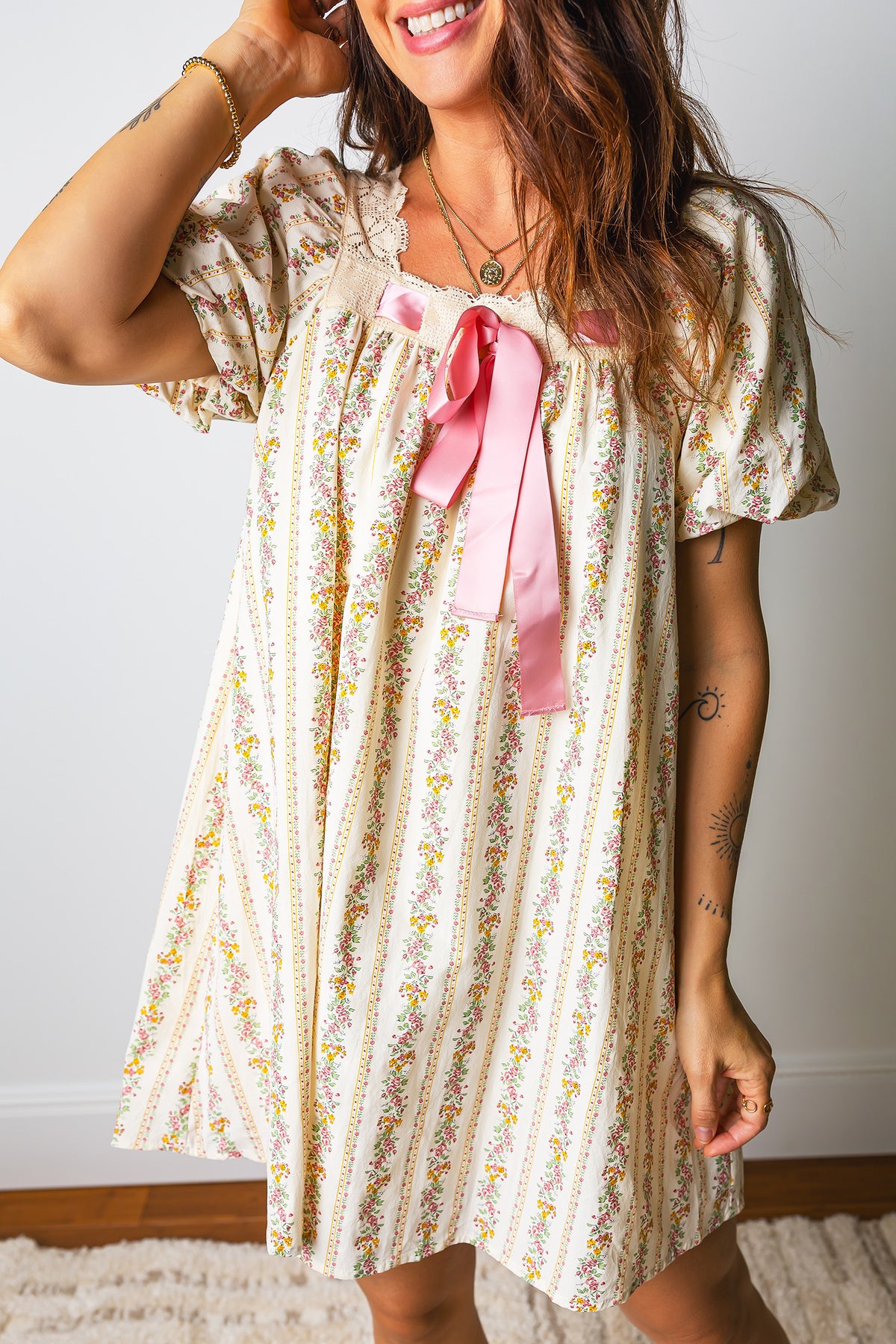Multicolour Floral Bow Lace Mini Dress