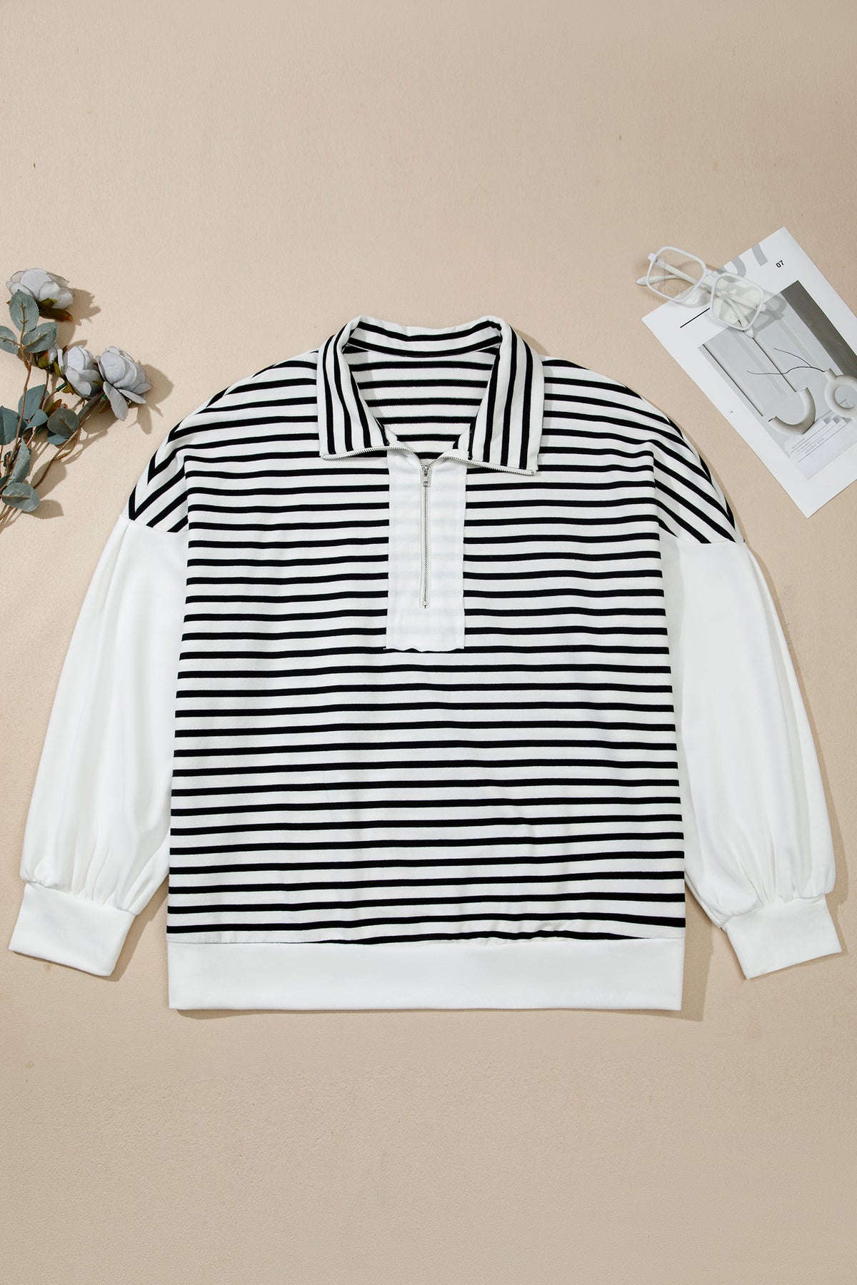 White Stripe Striped Color-Block V-Neck Long-Sleeve Shift Plus Size Blouse