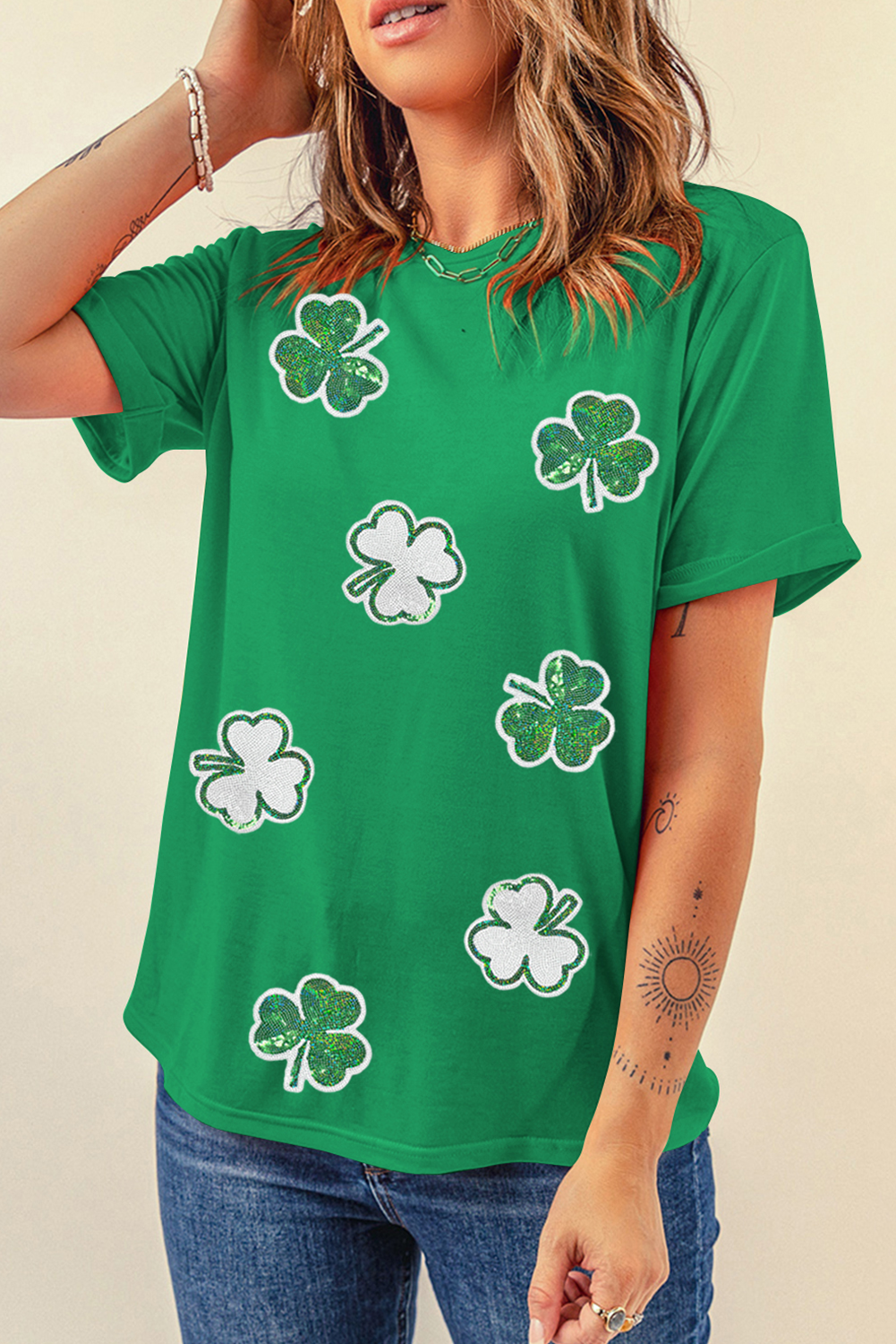 Bright Green St Patricks Sequined Clover Pattern T-Shirt
