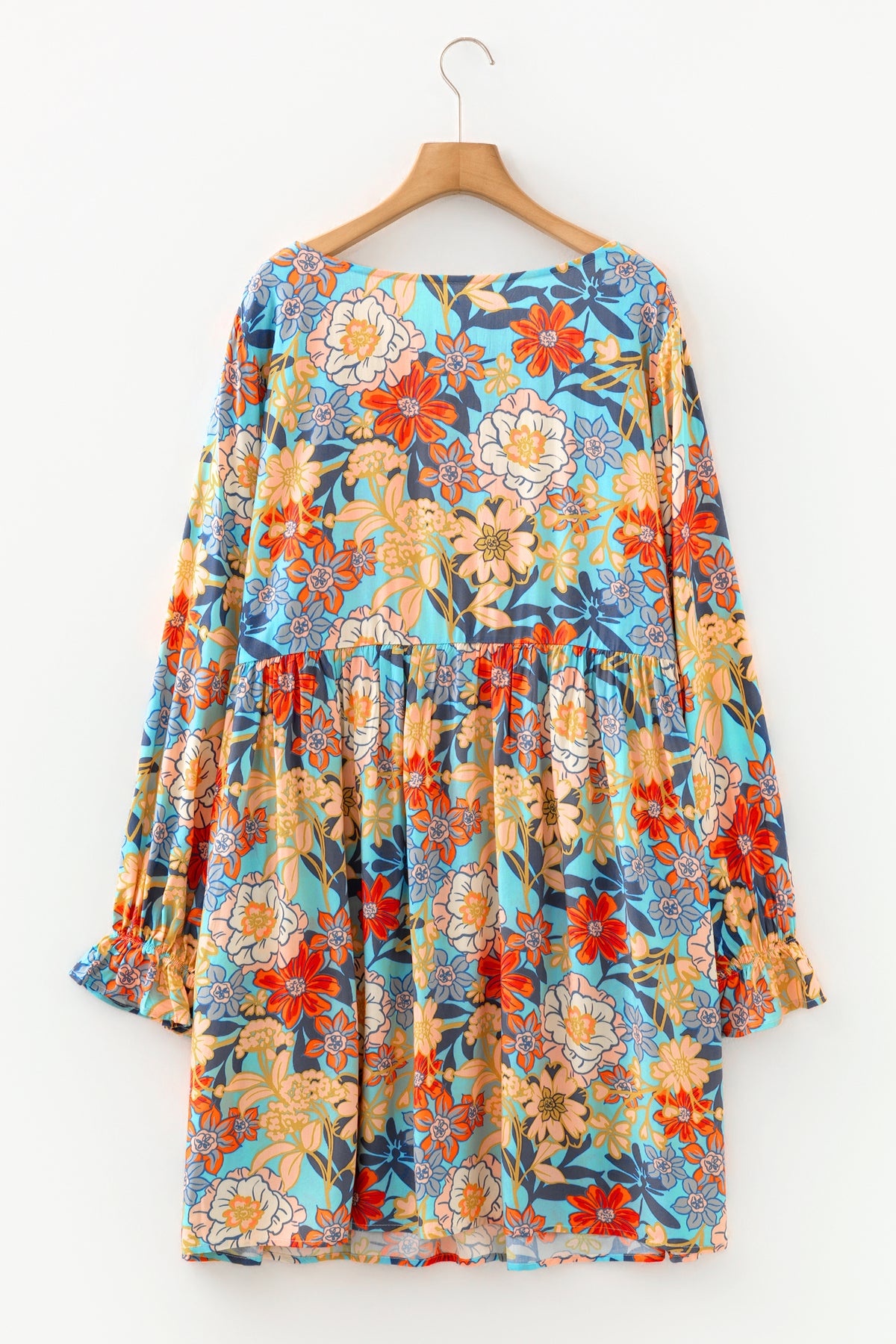 Blue Plus Size Floral Ruffled Long-Sleeve Flowy Mini Dress