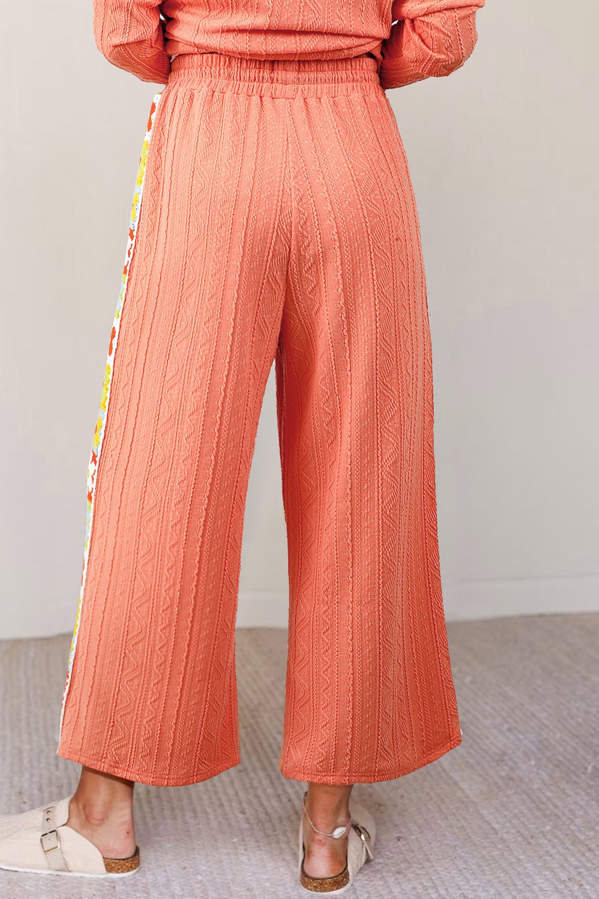Women's Grapefruit Orange Crochet Floral Accent V-Neck Textured Pants Set