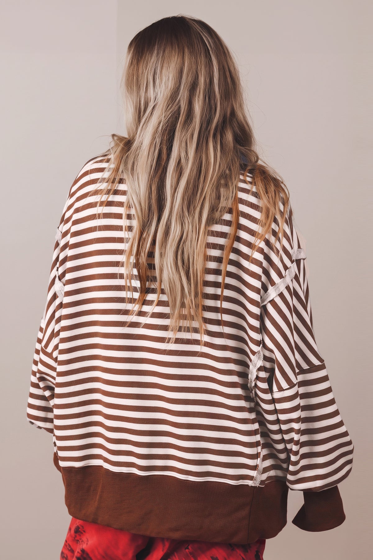 Brown Stripe Color Block Trim Pullover Sweatshirt