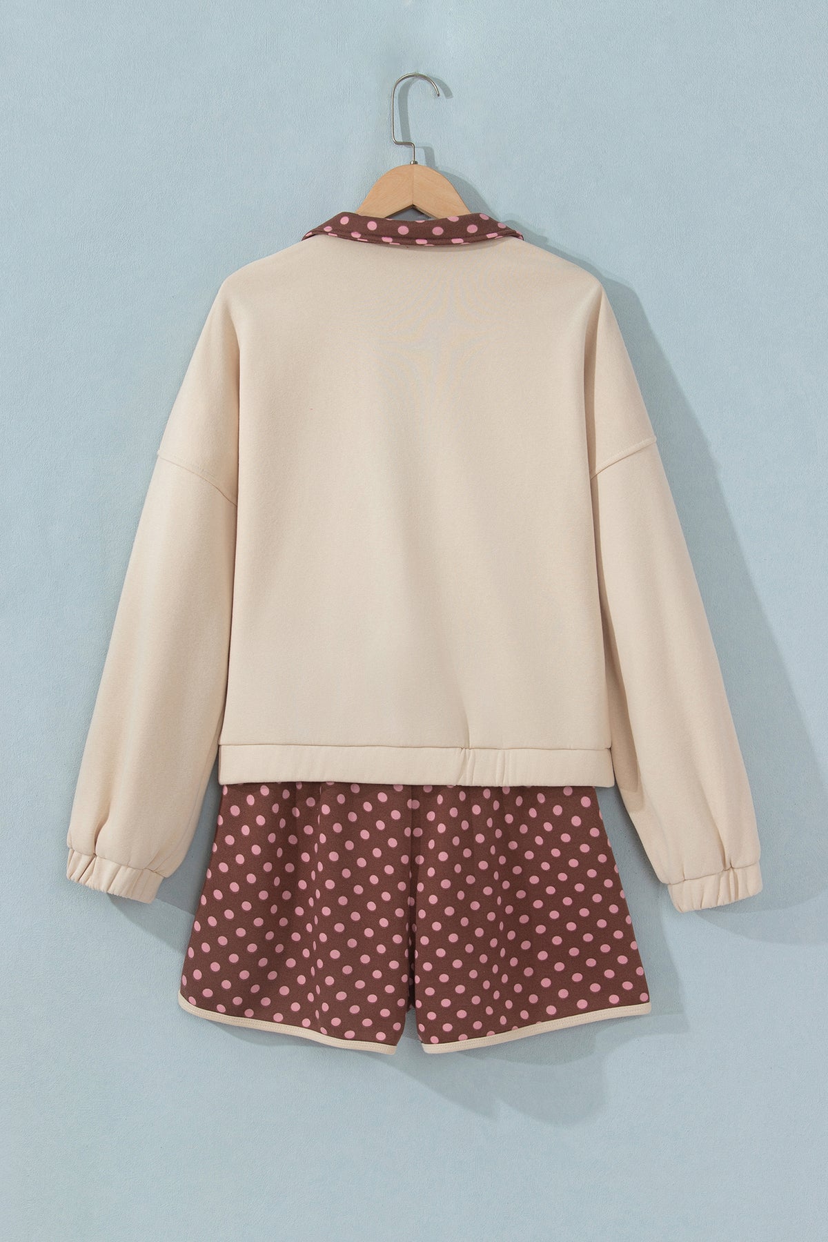Brown Polka Dot Contrast Baggy Pullover and Elastic Waist Shorts Set