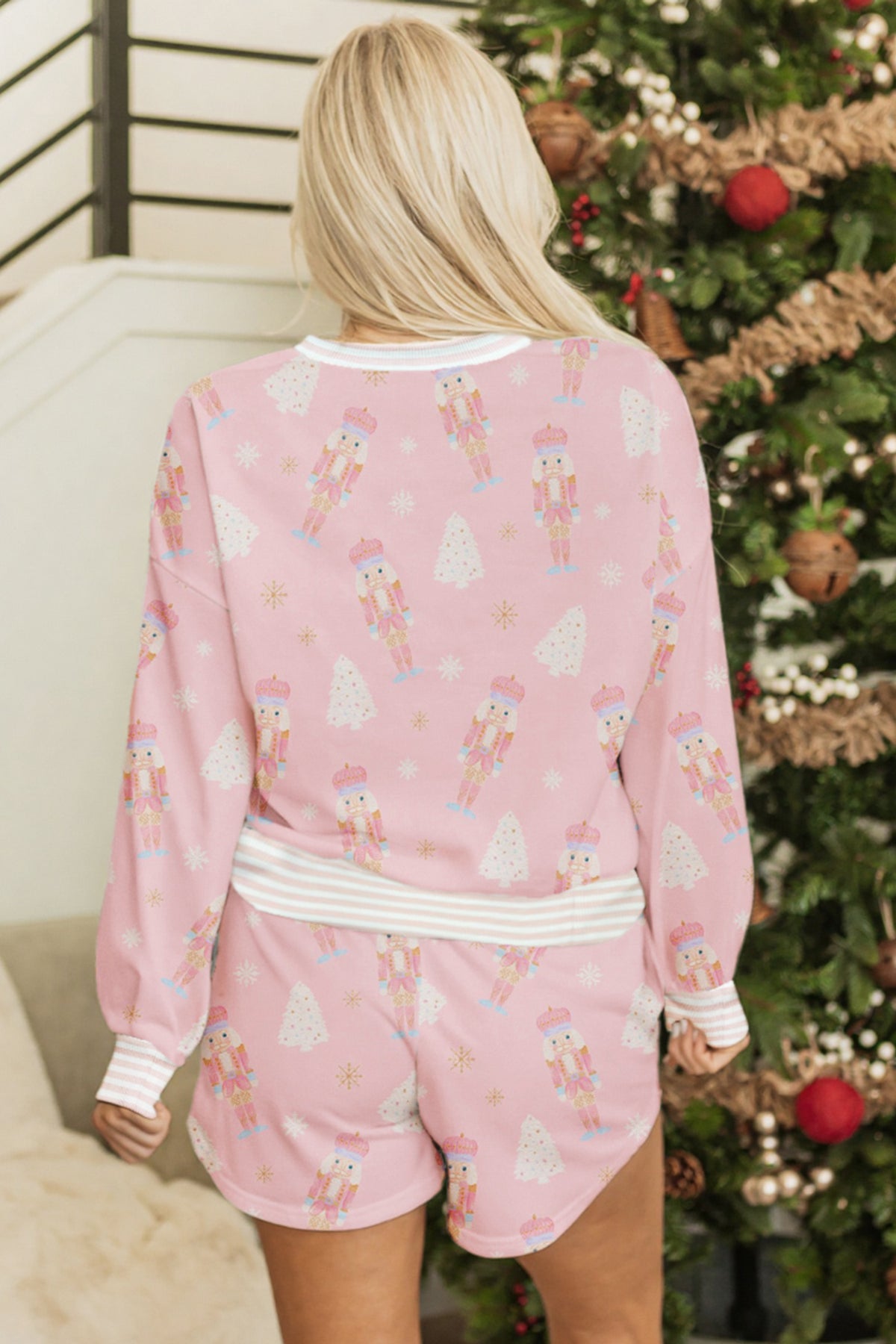 Women's Pink Christmas Tree Nutcracker Doll Print Contrast Trim Top Matching Shorts Set