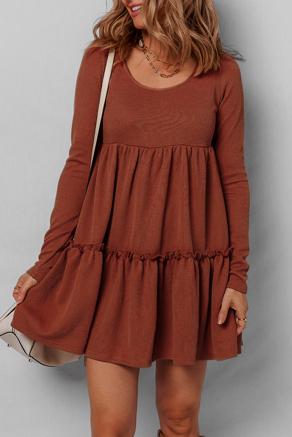 Straw Yellow Ribbed Trim High Waist Long Sleeve Mini Dress