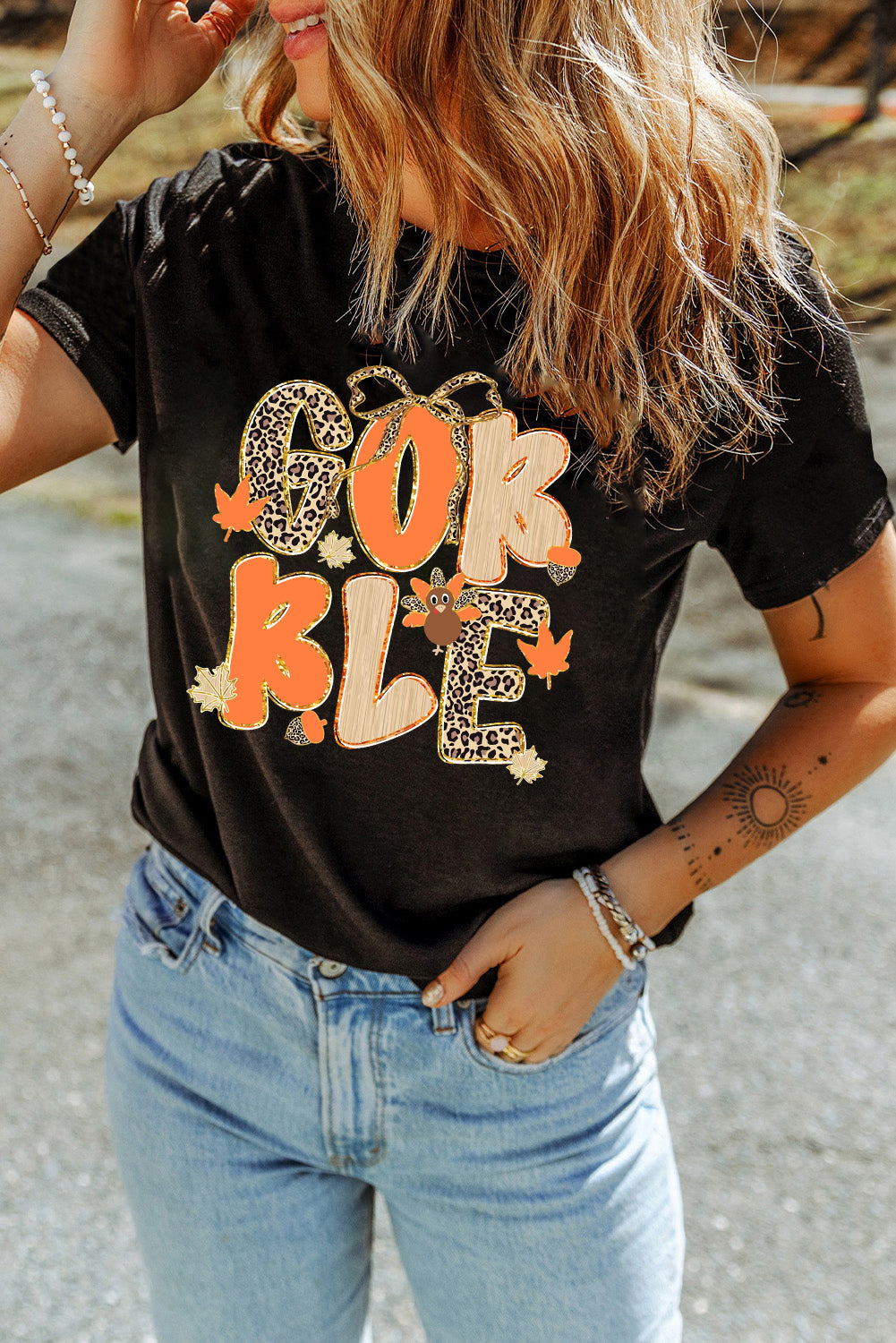 Black GOBBLE Leopard Letter Print Turkey Bow Graphic T-Shirt