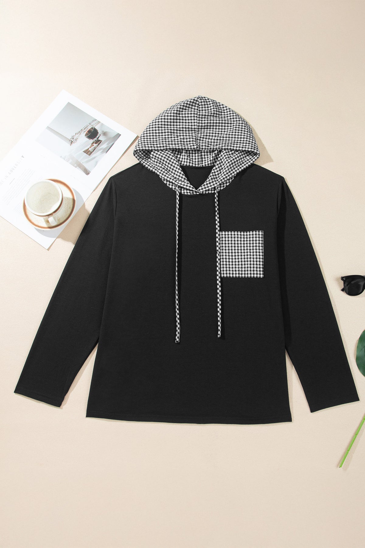 Black Hooded Gingham Paneling Chest Patch Pocket Long-Sleeve Plus Size Blouse