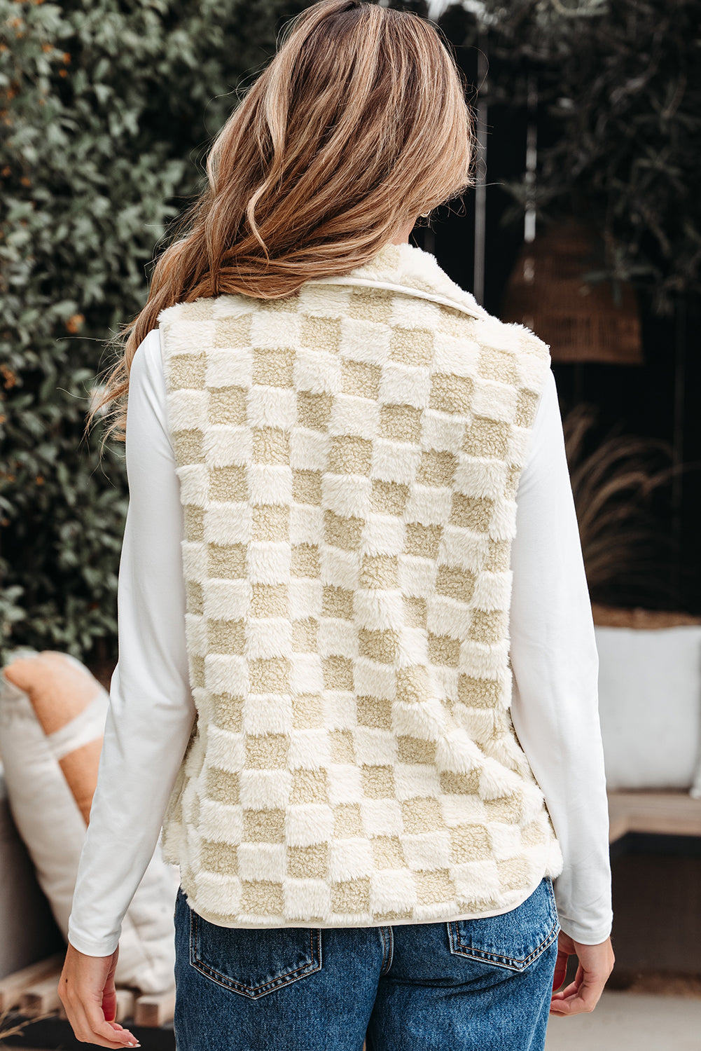 Khaki Sherpa Checkerboard Snap Button Vest Jacket With Pocket