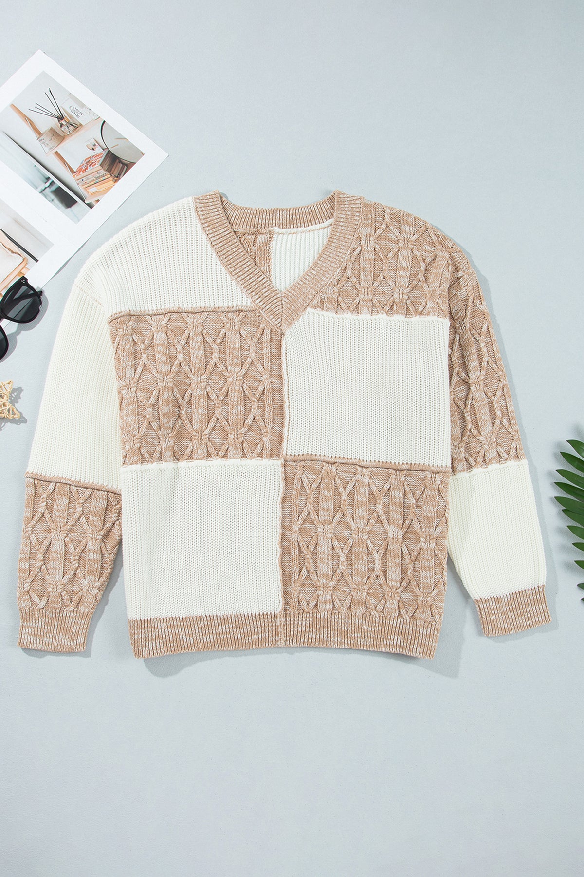 Parchment Color-Block V-Neck Long-Sleeve Tunic Loose Fit Plus Size Sweater