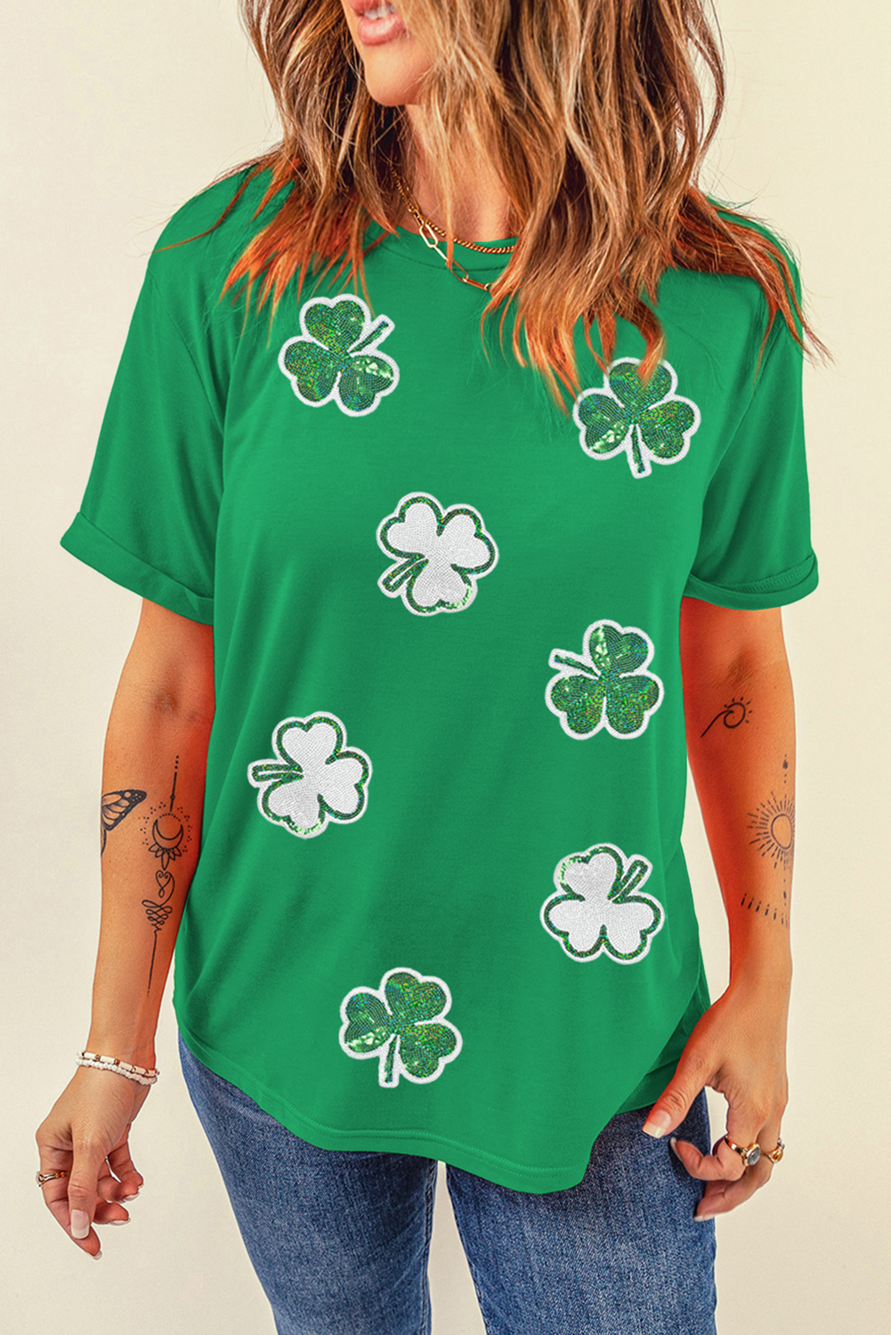Bright Green St Patricks Sequined Clover Pattern T-Shirt