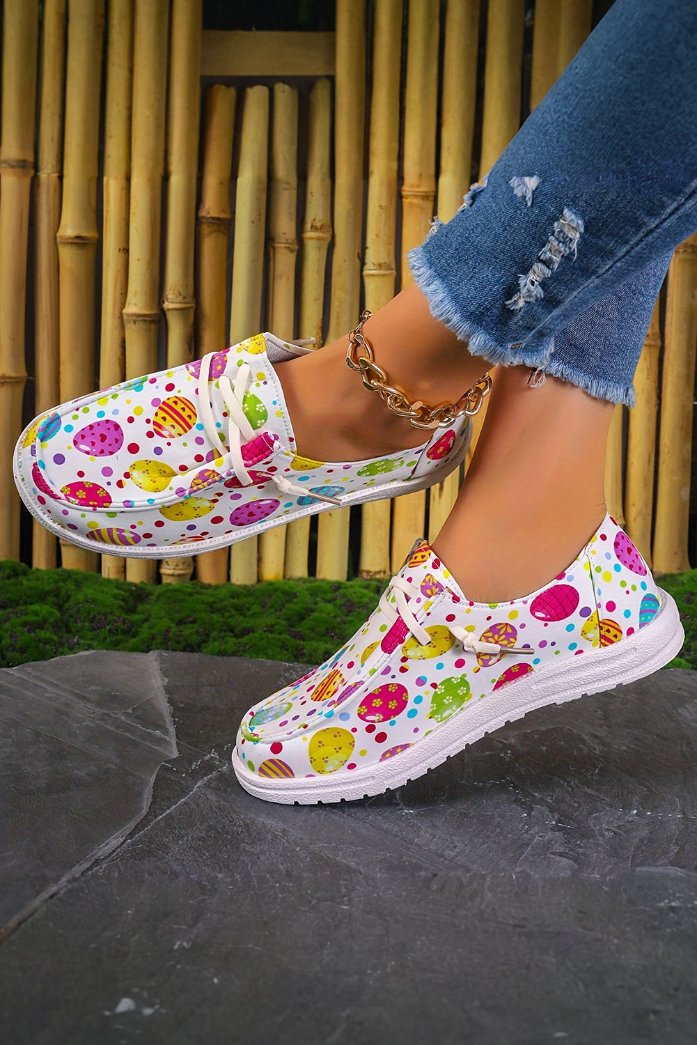 Easter Eggs Printed Square Toe Slip-On Canvas Flats