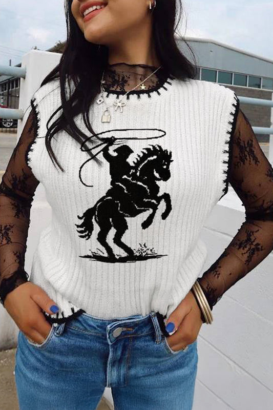 White Contrast Trim Round Neck Rodeo Cowboy Sweater Vest