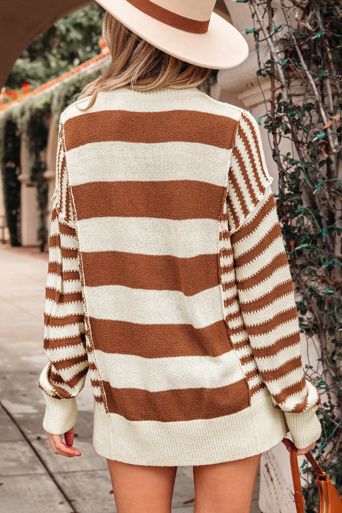 Brown Stripe Drop Shoulder Sleeve Patchwork Baggy Sweater