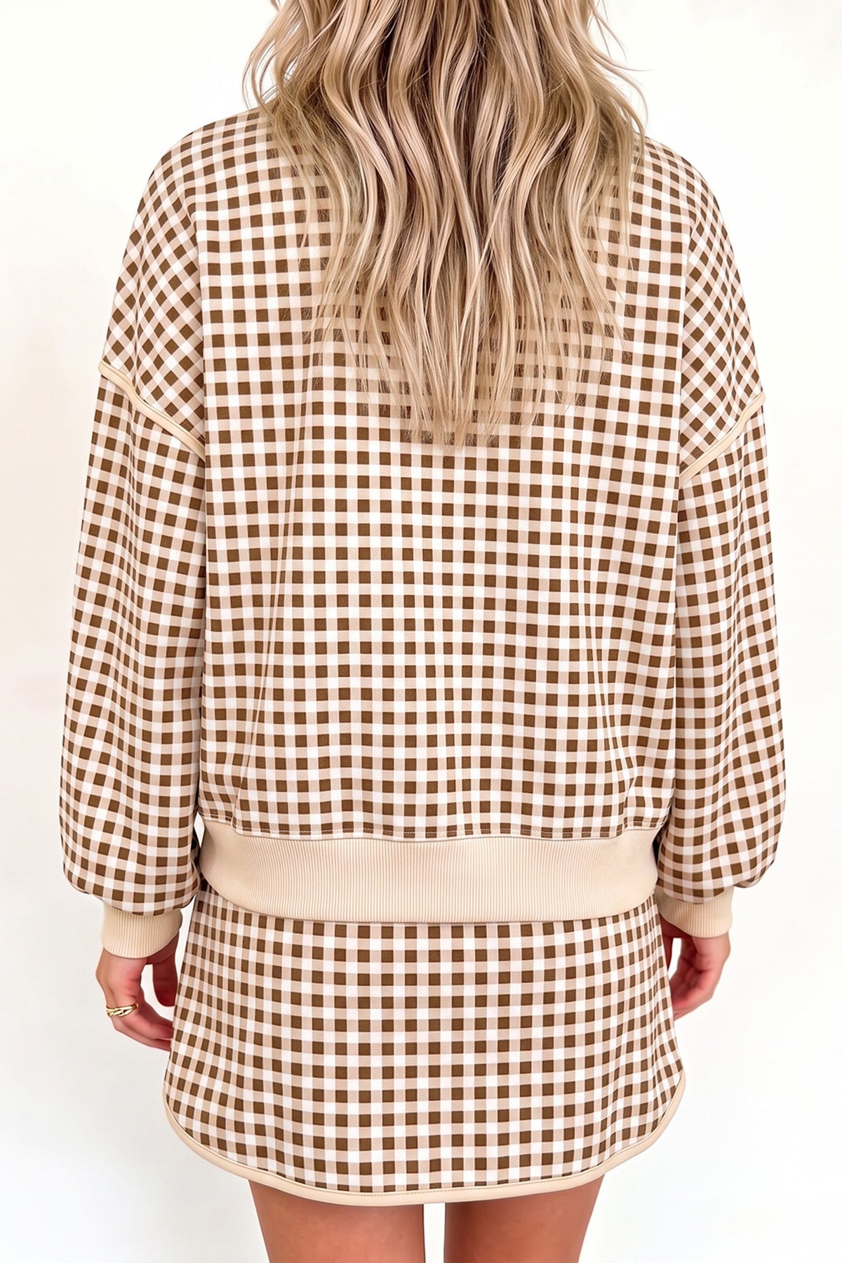 Brown Gingham Oversized Ribbed Crew Neck Long Sleeve Top and Skort Set