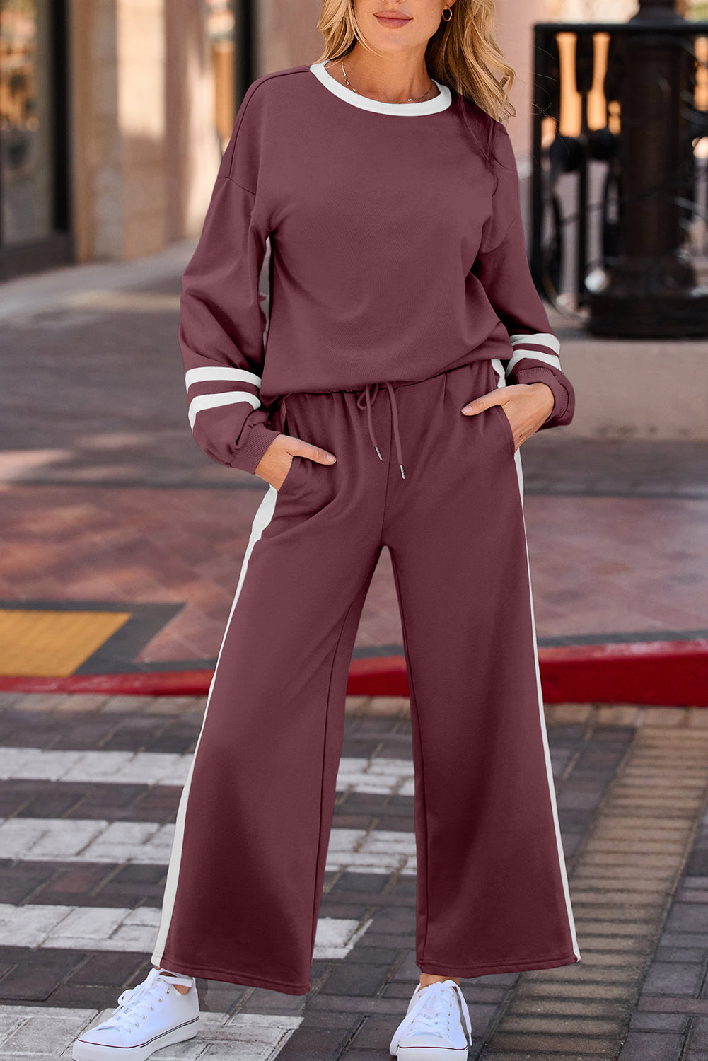 Women's Mineral Red Varsity Stripe Patchwork Puff Sleeve Pullover Wide Leg Pants Two-Piece Set
