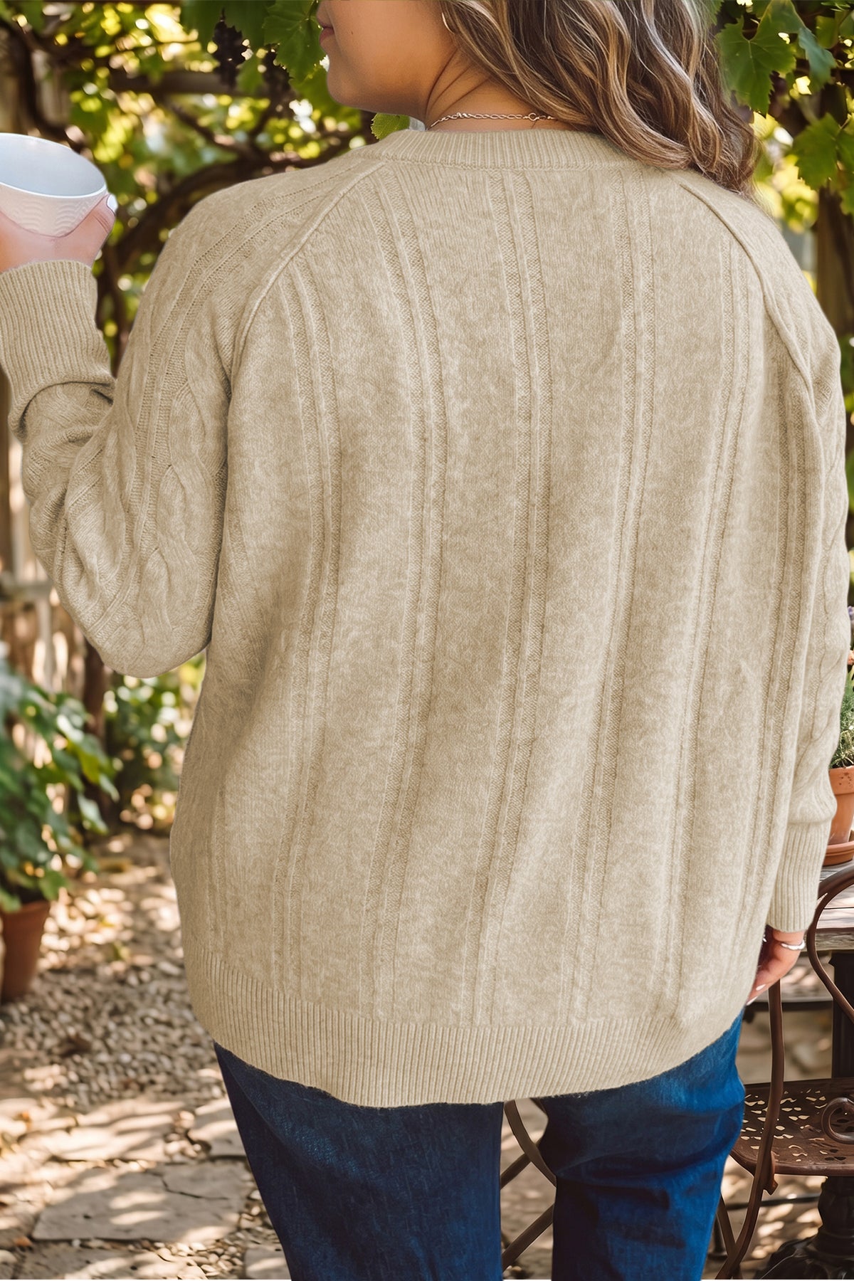 Parchment Oversized Cable Knit Long-Sleeve Round-Neck Tunic Length Plus Size Sweater