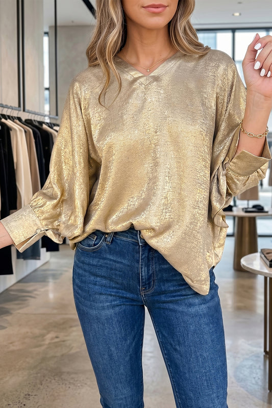 Parchment Metallic V Neck Button Cuffed Dolman Blouse
