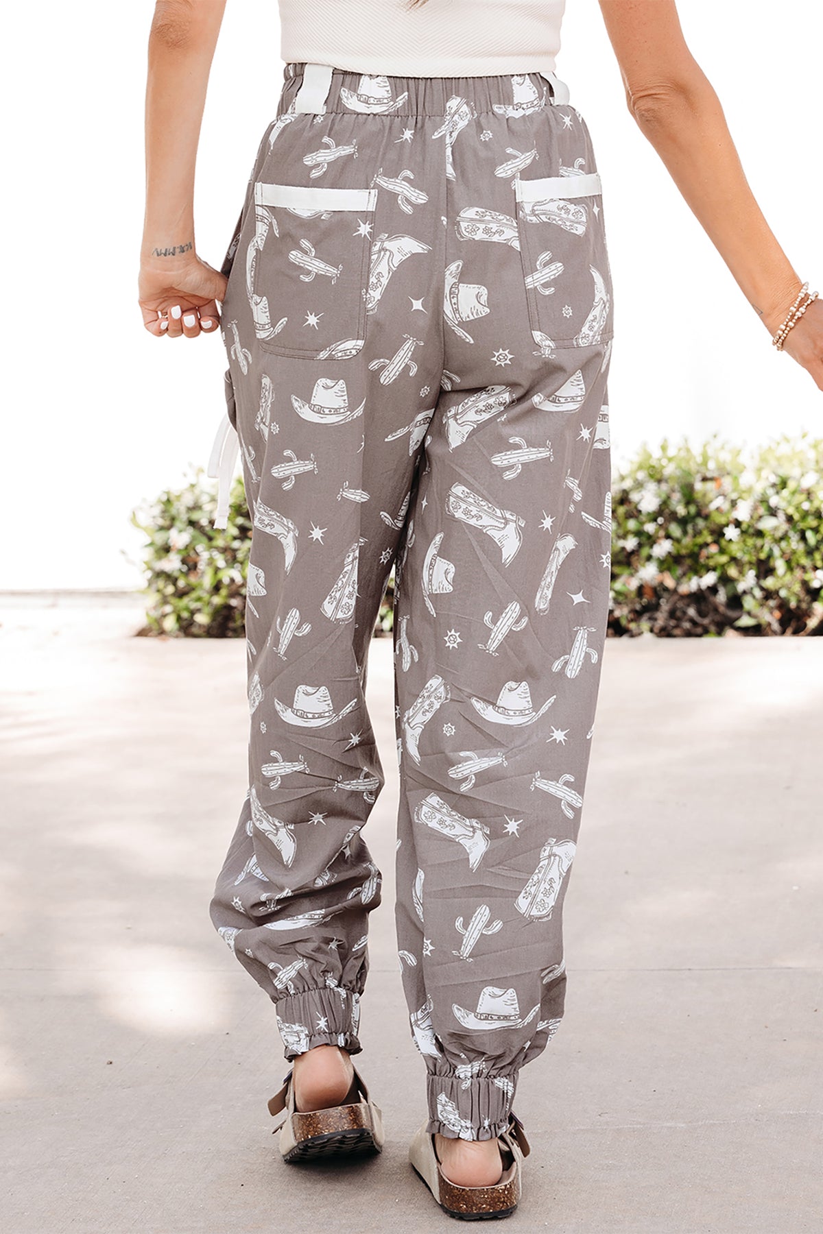 Khaki Western Cactus Cowgirl Hat Boot Printed Vintage Drawstring Pants