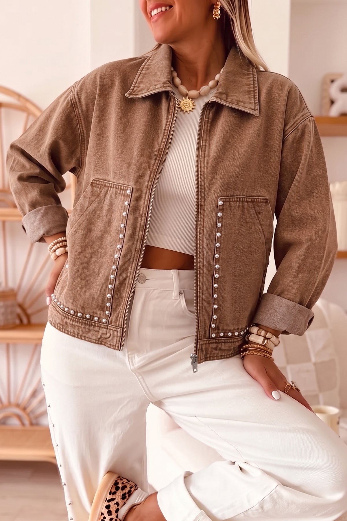 Coffee Studded Zip Front Rivet Pocket Denim Jacket
