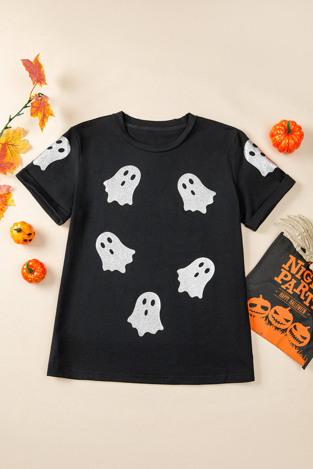 Black Glitter Ghost Pattern Crew Neck Halloween T-Shirt