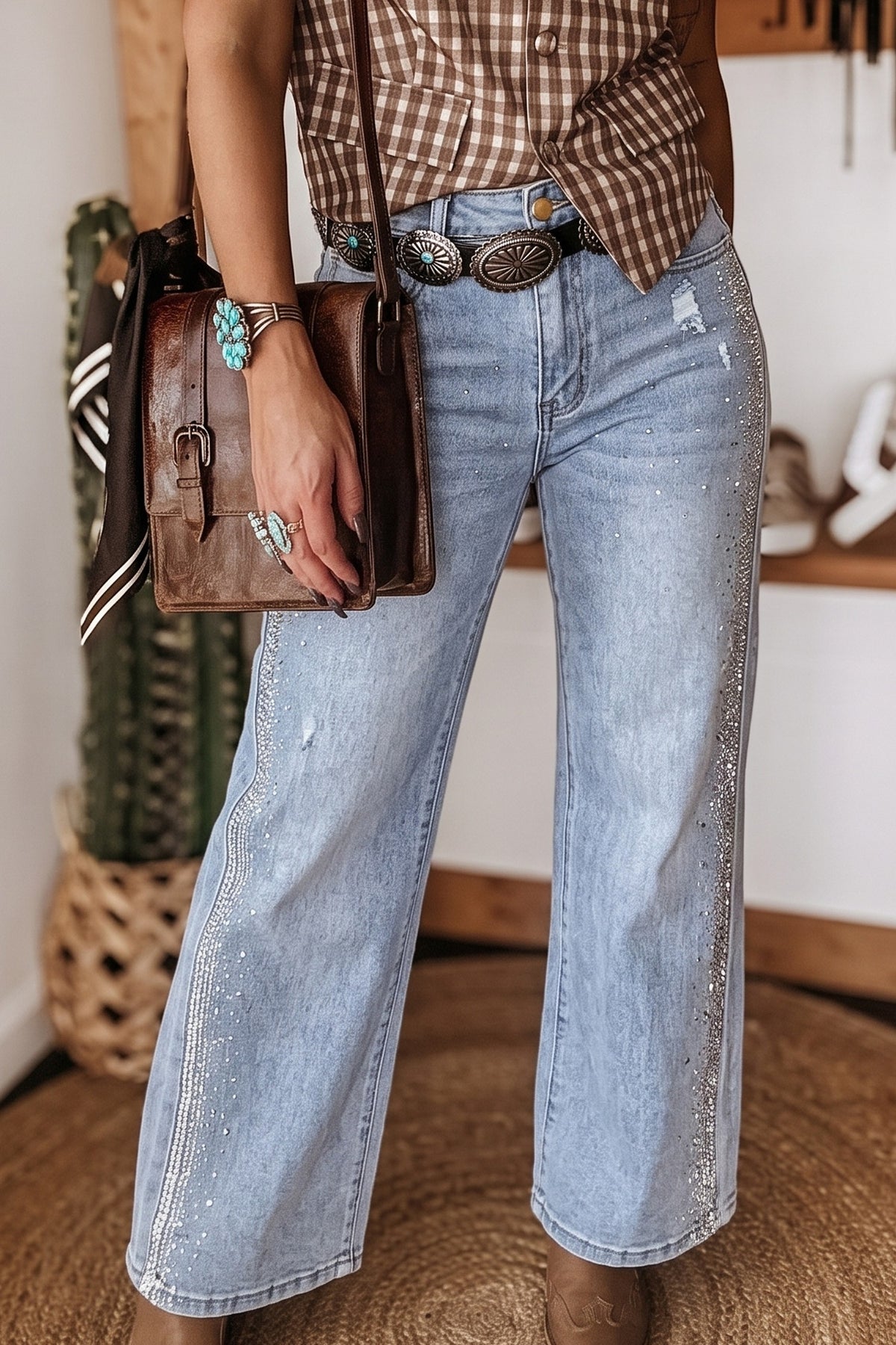 Beau Blue Rhinestone Embellished Western Ripped Jeans