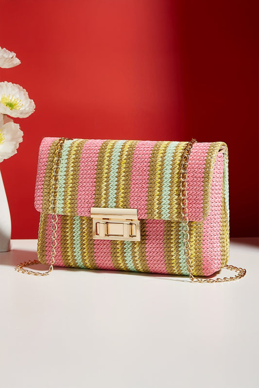 Pink Stripe Woven Flap Chain Strap Shoulder Bag