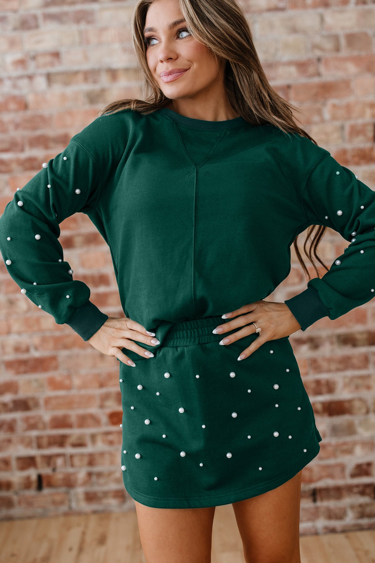 Dark Green Pearl Embellished Drop Shoulder Pullover Elastic Waist Mini Skort Set