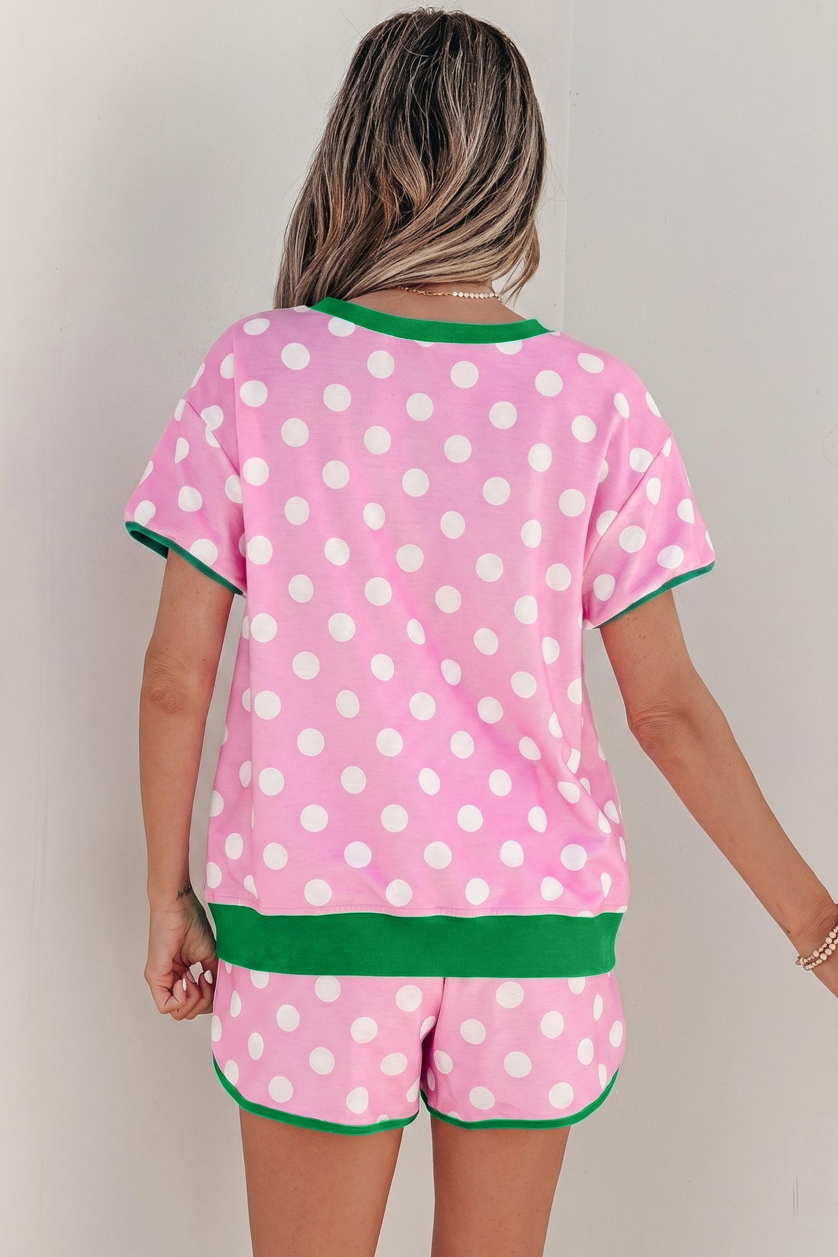 Women's Pink Polka Dot Contrast Edge Shorts Two-Piece Set