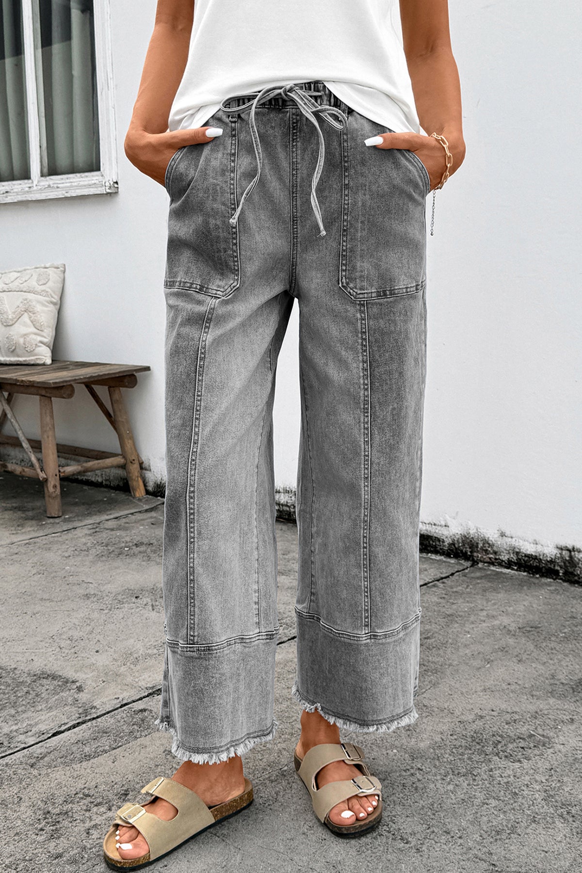 Prussian Blue Drawstring Seam Raw Hem Wide Leg Denim Pants