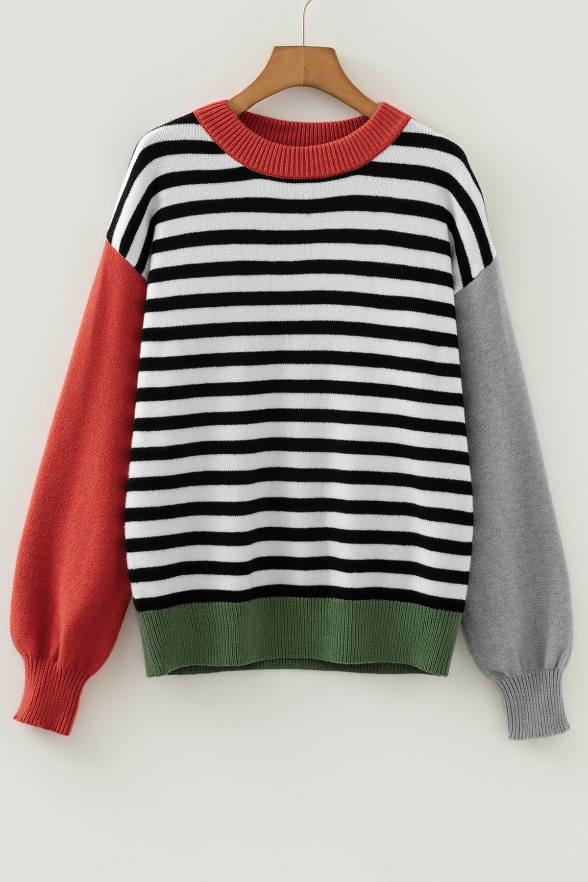Gray Striped Panels Colorblock Sleeve Chic Sweater