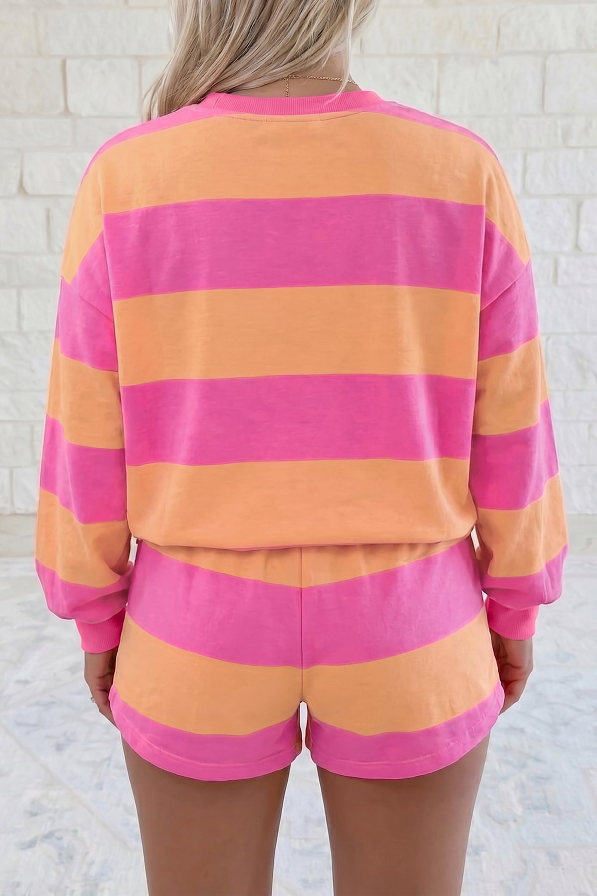 Women's Pink Stripe Long-Sleeve Casual Top Drawstring Shorts Two-Piece Set