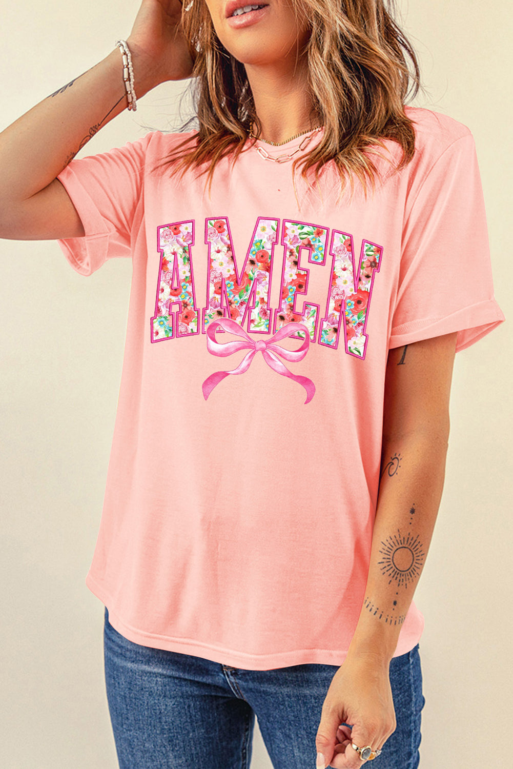 Pink Floral AMEN Bow Graphic Crewneck T-Shirt