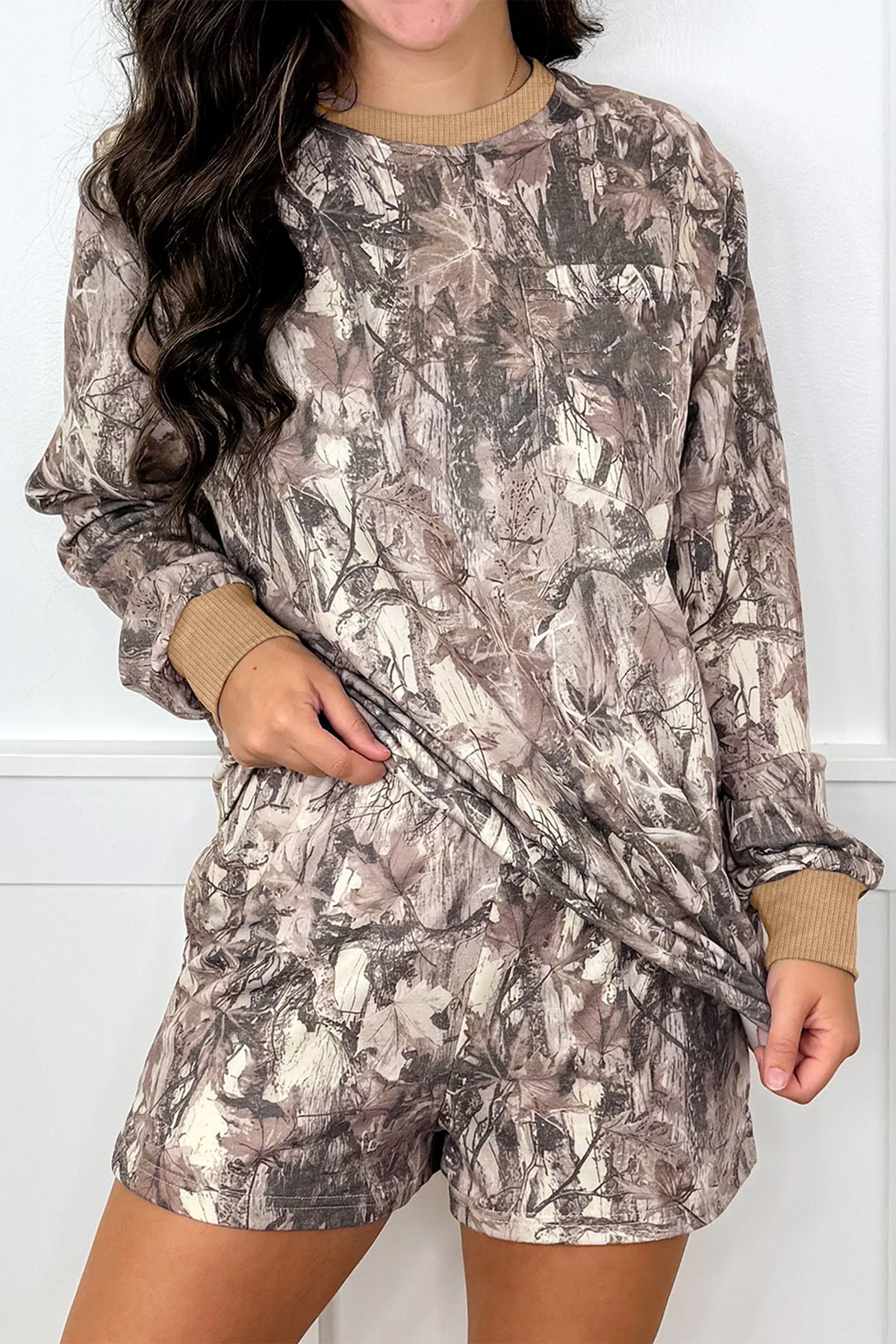 Women's Khaki Woodland Camo Print Long-Sleeve Top Shorts Two-Piece Set