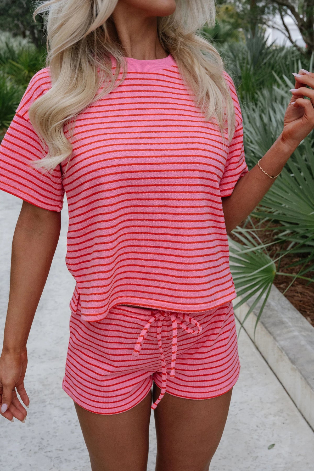 Women's Rose Stripe Side Split Knit Tee Shorts Set