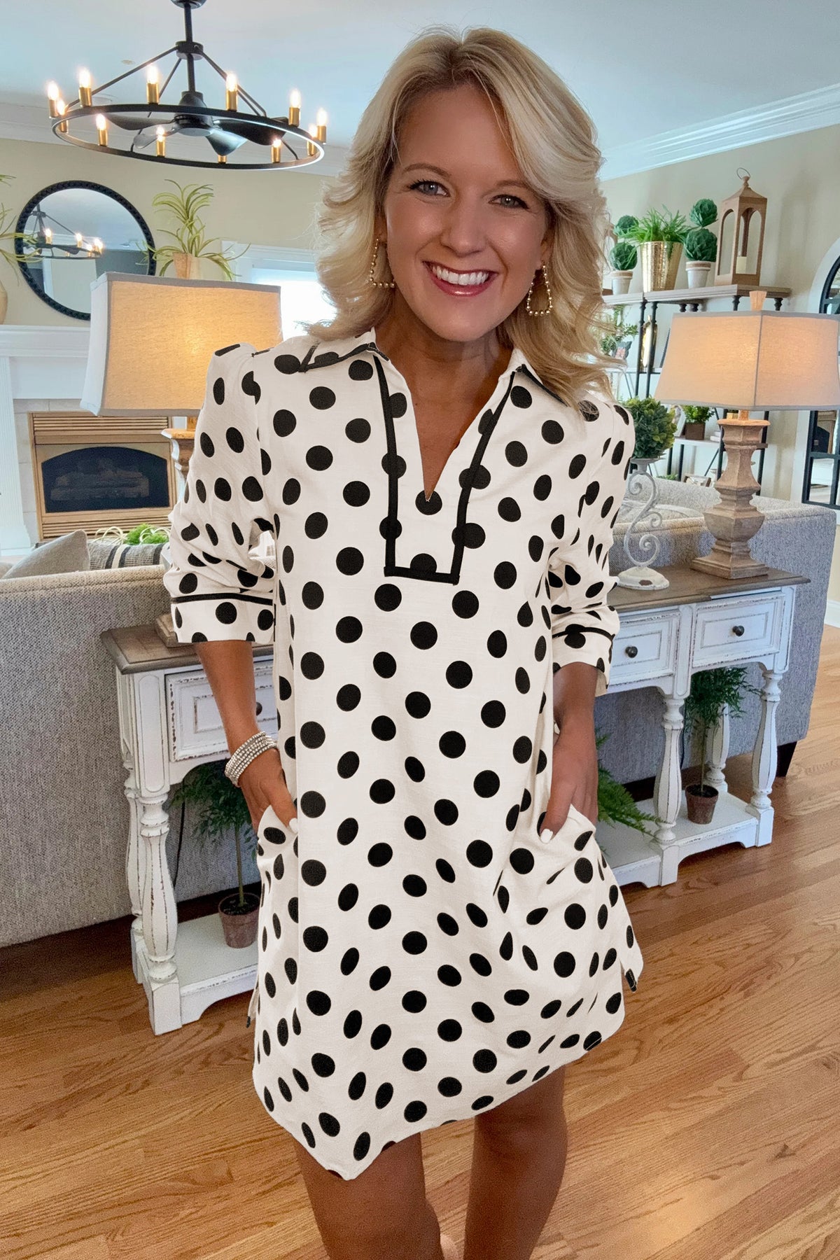 White Polka Dot Half Sleeve Collar V Neck Pocketed Mini Dress