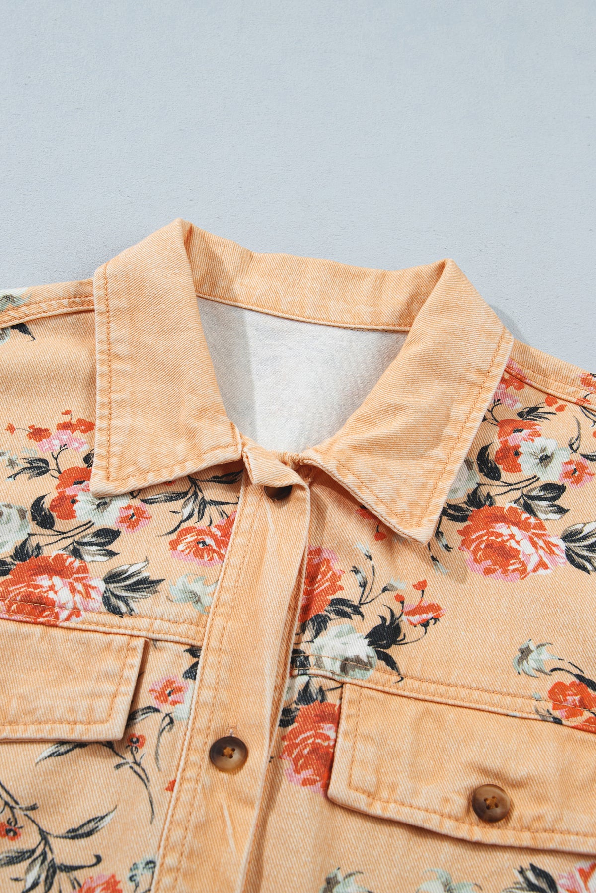 Khaki Floral Print Long Sleeve Denim Jacket Tunic Length Daily Wear